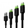 Σετ 3x Καλώδιο USB-C Τύπος C 30cm, 120cm, 200cm LED Green Cell Ray, mε γρήγορη φόρτιση, Ultra Charge, Quick Charge 3.0
