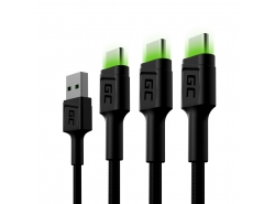Σετ 3x Καλώδιο USB-C Τύπος C 120cm LED Green Cell Ray, mε γρήγορη φόρτιση, Ultra Charge, Quick Charge 3.0