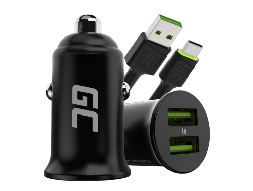Green Cell KFZ-Ladegerät USB PowerRide Nano36 mit 2x USB-A Ultra Charge Schnellladung mit USB-C Kabel 120cm fur iPhone, Samsung