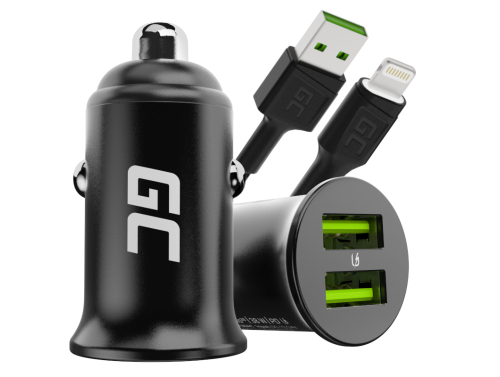Green Cell KFZ-Ladegerät USB PowerRide Nano36, 2x USB-A, 36W Ultra Charge Schnellladung + LED Ladekabel Lightning 120cm