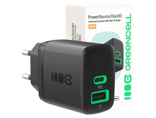 Green Cell PowerSource Duo30 φορτιστής USB/USB-C μαύρος, τροφοδοτικό 30 W με Power Delivery