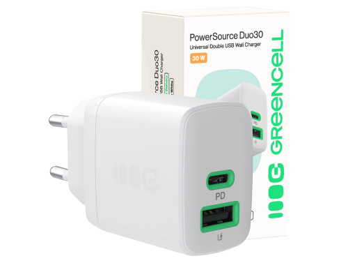Green Cell PowerSource Duo30 φορτιστής USB/USB-C λευκός, τροφοδοτικό 30 W με Power Delivery