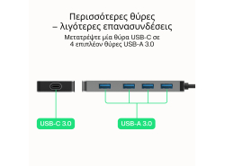 Adapter Basic HUB Greencell USB-C 4in1 (4×USB-A 3.0) – γρήγορη μεταφορά έως 5 Gb/s, αλουμινένια θήκη
