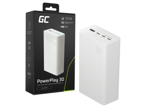 Greencell PowerPlay 30 - λευκό powerbank με ισχύ 30 000mAh, 22,5W, 4 θύρες